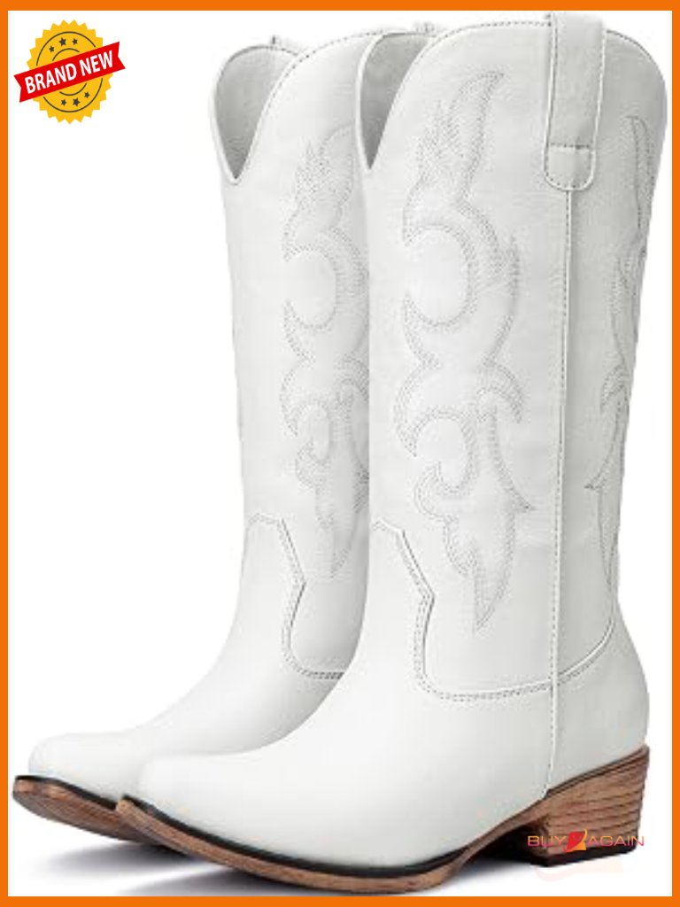 Mid Calf Cowboy Boots Chunky Heel Pointed Toe Retro Embroidery Western Cowgirl